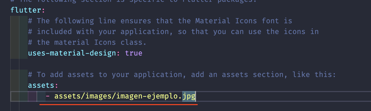 Ejemplo de como se debe insertar las imagenes en el Pubspec YAML