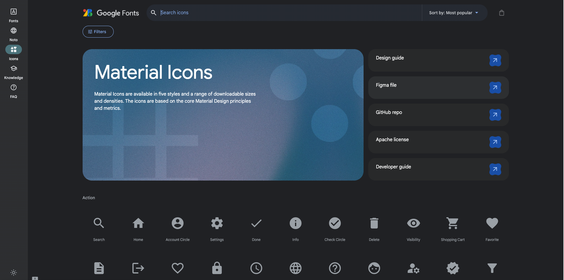 Vista previa de como se ve la pagina de Material Icons en Google Fonts